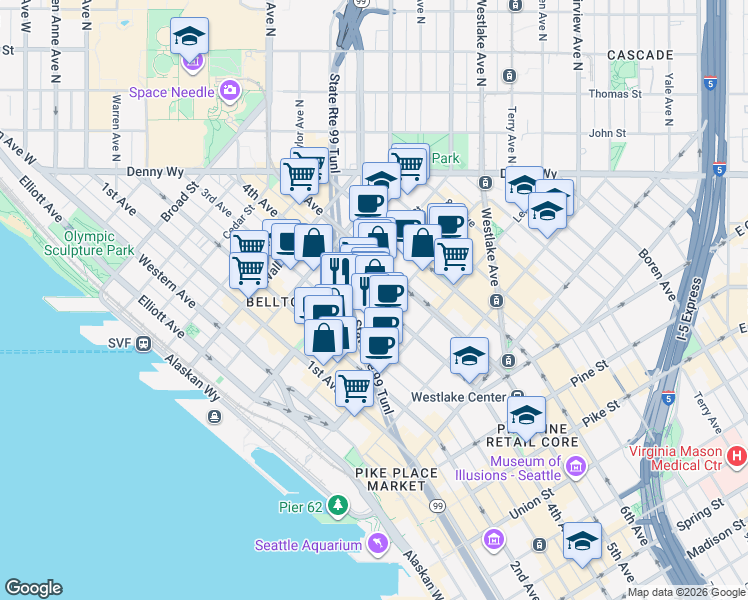 map of restaurants, bars, coffee shops, grocery stores, and more near 318 Blanchard Street in Seattle