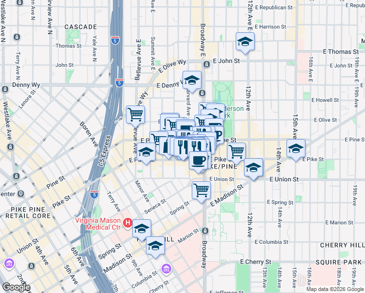 map of restaurants, bars, coffee shops, grocery stores, and more near 715 East Pine Street in Seattle