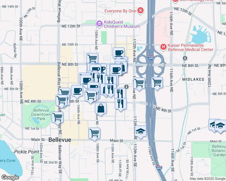 map of restaurants, bars, coffee shops, grocery stores, and more near 555 110th Avenue Northeast in Bellevue