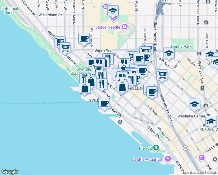 map of restaurants, bars, coffee shops, grocery stores, and more near 2600 Elliott Avenue in Seattle