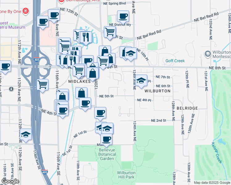 map of restaurants, bars, coffee shops, grocery stores, and more near 504 121st Place Northeast in Bellevue