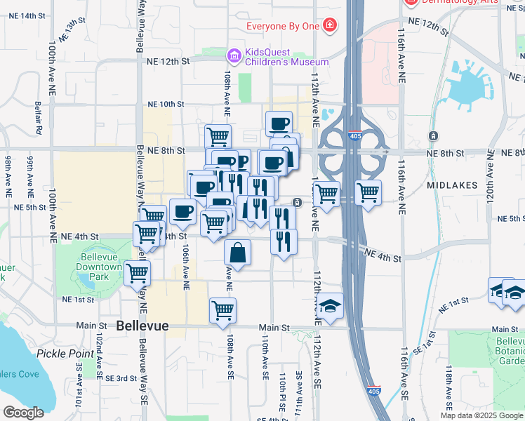 map of restaurants, bars, coffee shops, grocery stores, and more near 10900 Northeast 4th Street in Bellevue