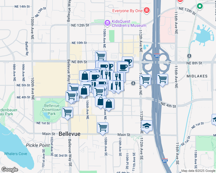 map of restaurants, bars, coffee shops, grocery stores, and more near 450 108th Avenue Northeast in Bellevue