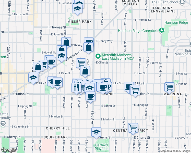 map of restaurants, bars, coffee shops, grocery stores, and more near 1508 23rd Avenue in Seattle