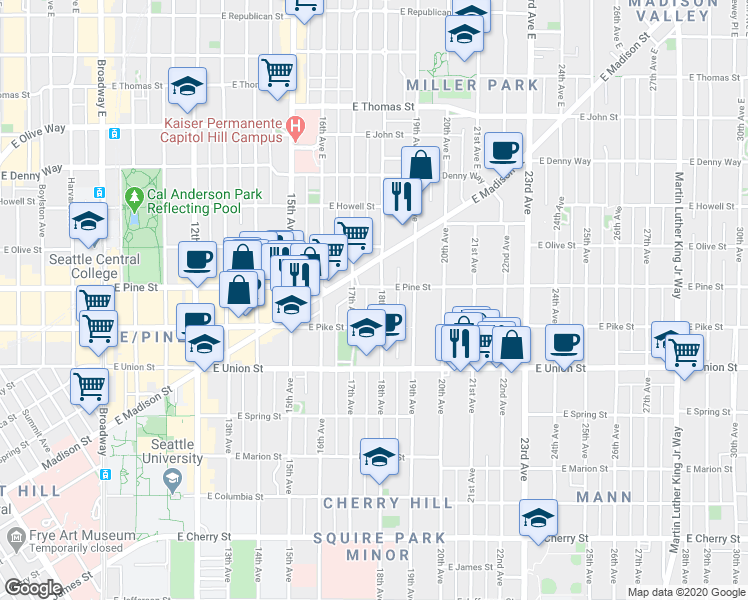 map of restaurants, bars, coffee shops, grocery stores, and more near 1510 18th Avenue in Seattle