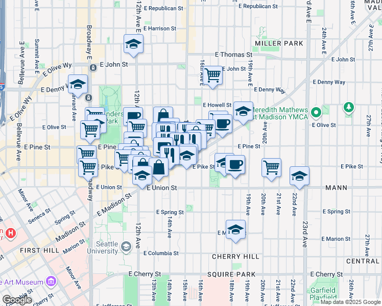 map of restaurants, bars, coffee shops, grocery stores, and more near 1420 East Madison Street in Seattle