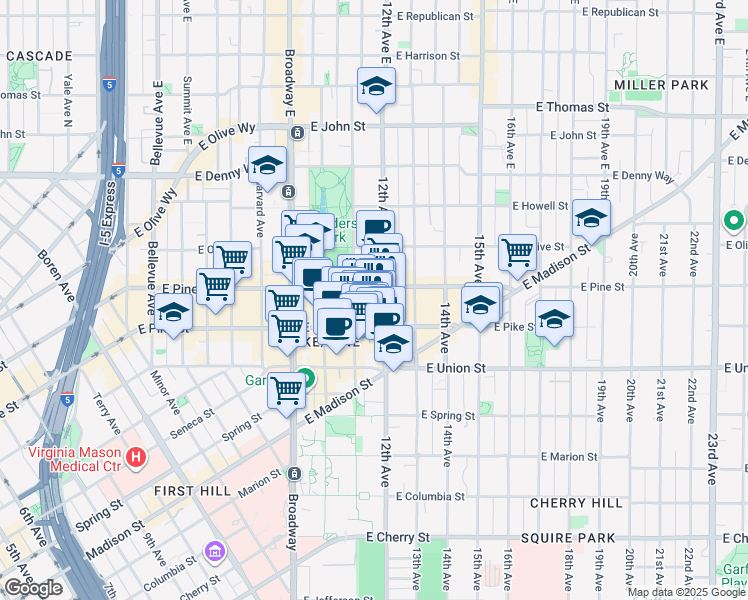 map of restaurants, bars, coffee shops, grocery stores, and more near 1515 12th Avenue in Seattle