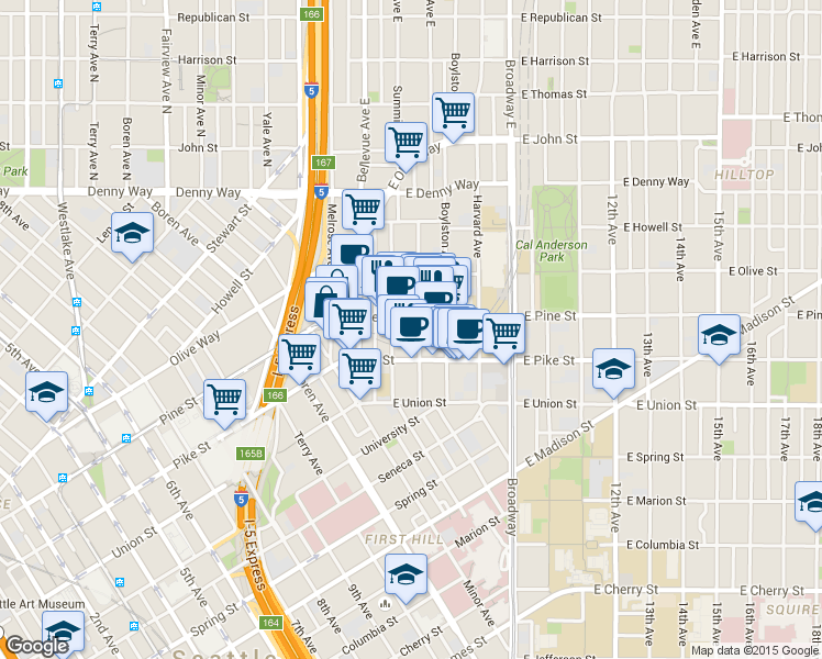 map of restaurants, bars, coffee shops, grocery stores, and more near in Seattle