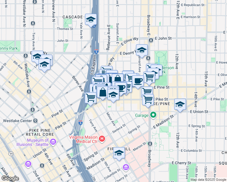 map of restaurants, bars, coffee shops, grocery stores, and more near 1514 Bellevue Avenue in Seattle