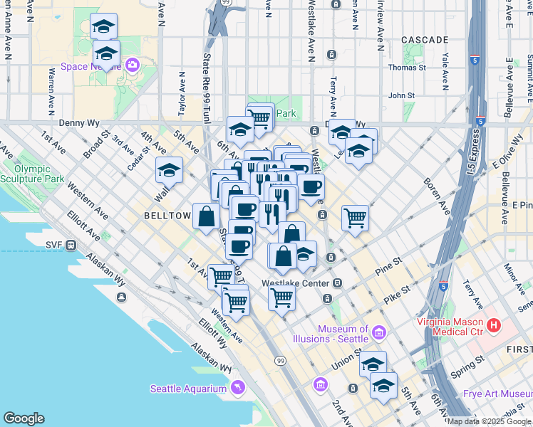 map of restaurants, bars, coffee shops, grocery stores, and more near 2115 5th Avenue in Seattle