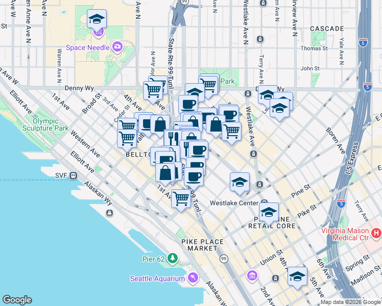map of restaurants, bars, coffee shops, grocery stores, and more near 318 Blanchard Street in Seattle