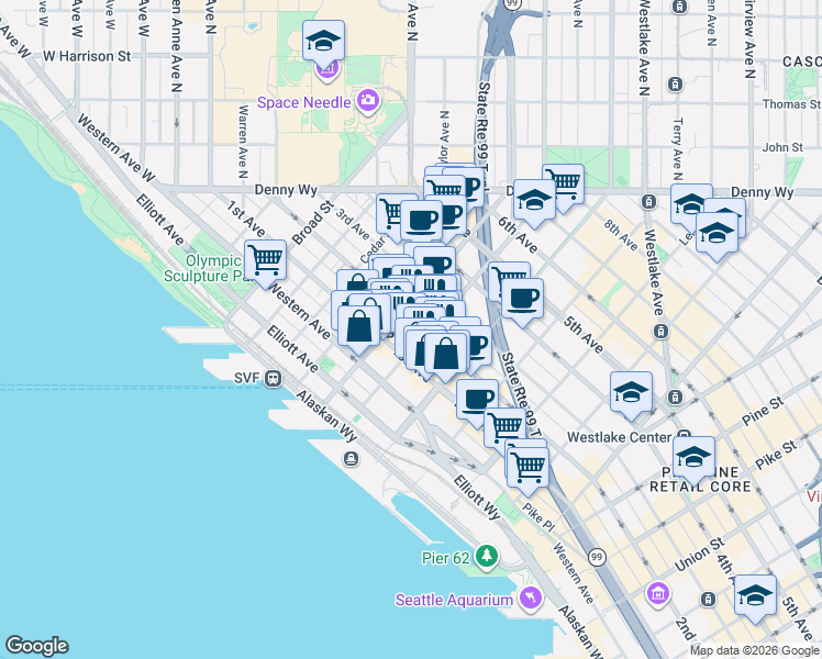 map of restaurants, bars, coffee shops, grocery stores, and more near in Seattle