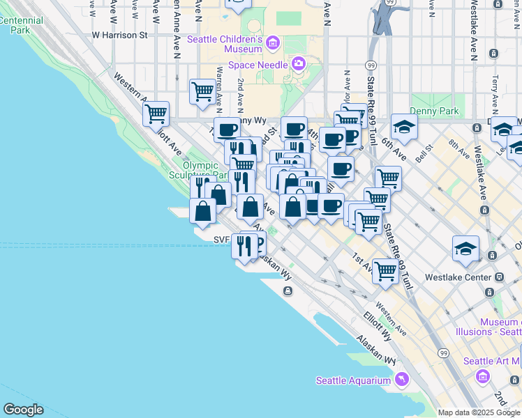 map of restaurants, bars, coffee shops, grocery stores, and more near 2600 Elliott Avenue in Seattle