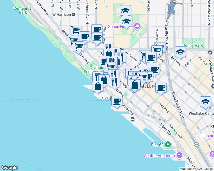 map of restaurants, bars, coffee shops, grocery stores, and more near 2601 Elliott Avenue in Seattle