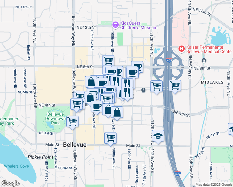 map of restaurants, bars, coffee shops, grocery stores, and more near 500 108th Avenue Northeast in Bellevue