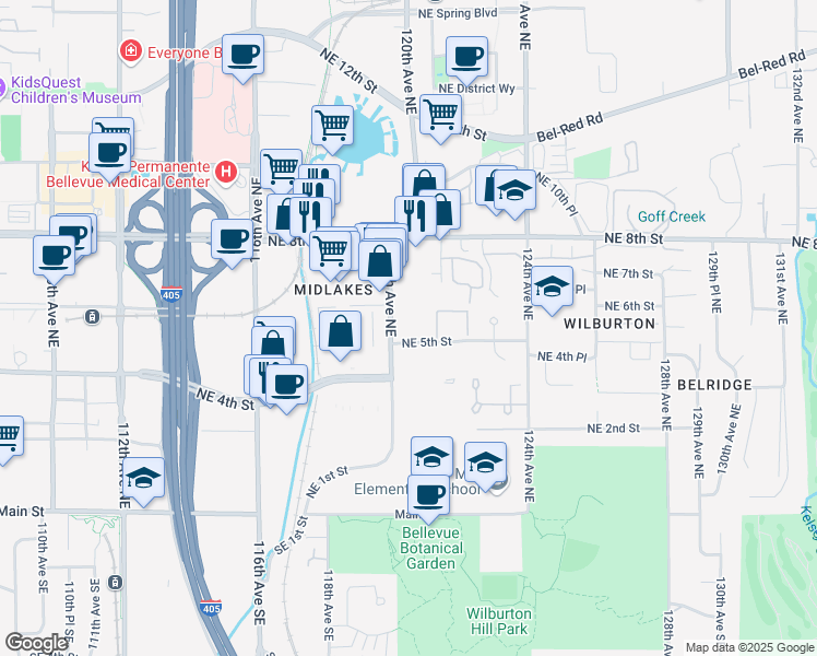 map of restaurants, bars, coffee shops, grocery stores, and more near 606 120th Avenue Northeast in Bellevue