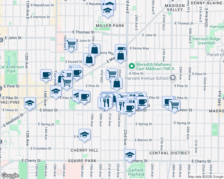 map of restaurants, bars, coffee shops, grocery stores, and more near 1470 21st Avenue in Seattle