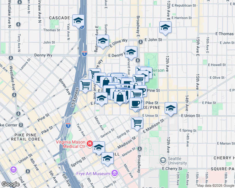 map of restaurants, bars, coffee shops, grocery stores, and more near 1511 Boylston Avenue in Seattle