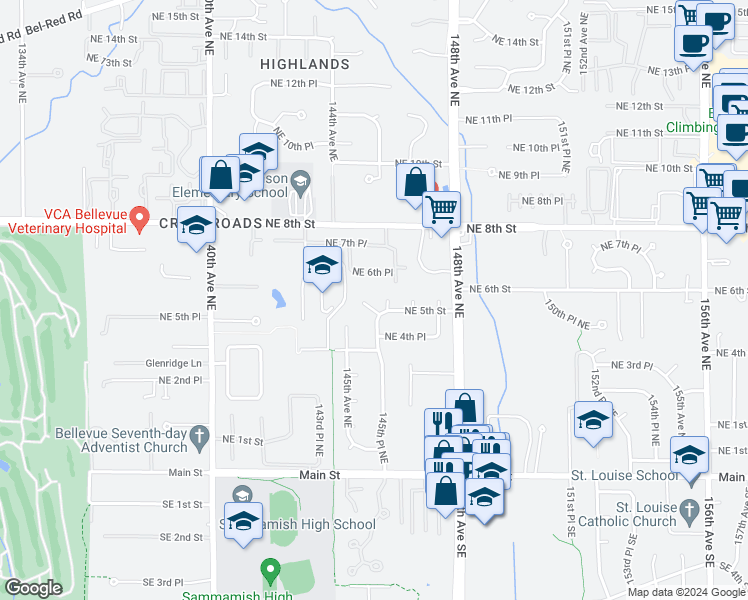 map of restaurants, bars, coffee shops, grocery stores, and more near 14522 Northeast 5th Street in Bellevue