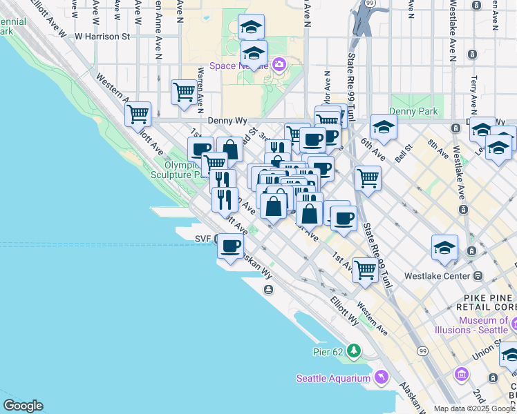 map of restaurants, bars, coffee shops, grocery stores, and more near 80 Vine Street in Seattle