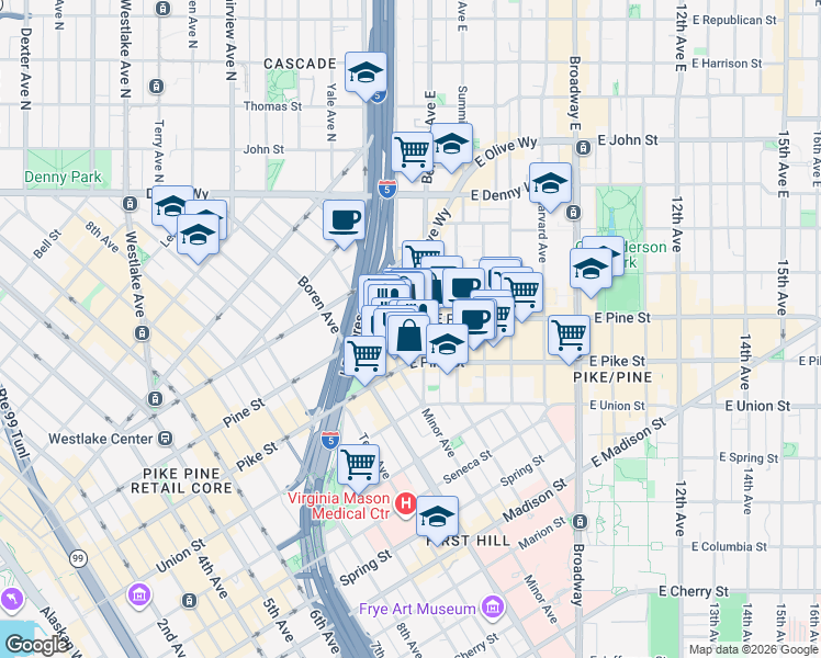 map of restaurants, bars, coffee shops, grocery stores, and more near 1535 Bellevue Avenue in Seattle