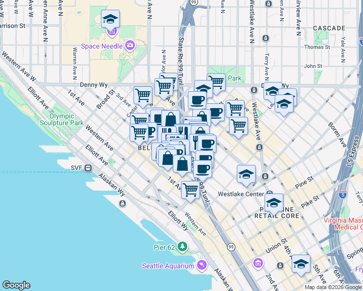map of restaurants, bars, coffee shops, grocery stores, and more near 304 Bell Street in Seattle