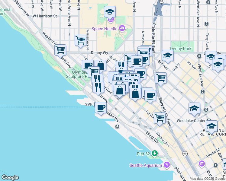 map of restaurants, bars, coffee shops, grocery stores, and more near 80 Vine Street in Seattle