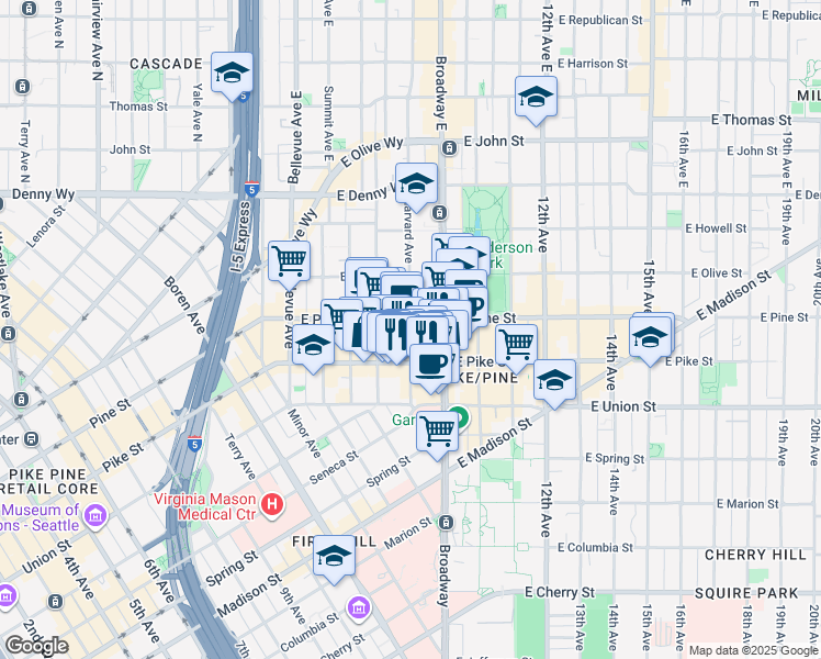 map of restaurants, bars, coffee shops, grocery stores, and more near 1500 Harvard Avenue in Seattle