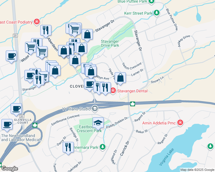 map of restaurants, bars, coffee shops, grocery stores, and more near 5 Catalina Place in St. John's
