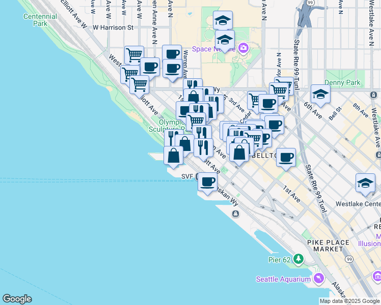 map of restaurants, bars, coffee shops, grocery stores, and more near 2815 Elliott Avenue in Seattle