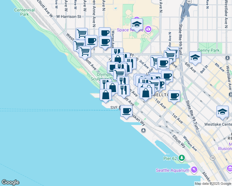 map of restaurants, bars, coffee shops, grocery stores, and more near 2815 Elliott Avenue in Seattle