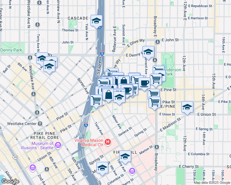 map of restaurants, bars, coffee shops, grocery stores, and more near 1514 Bellevue Avenue in Seattle