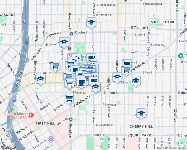map of restaurants, bars, coffee shops, grocery stores, and more near 1530 12th Avenue in Seattle