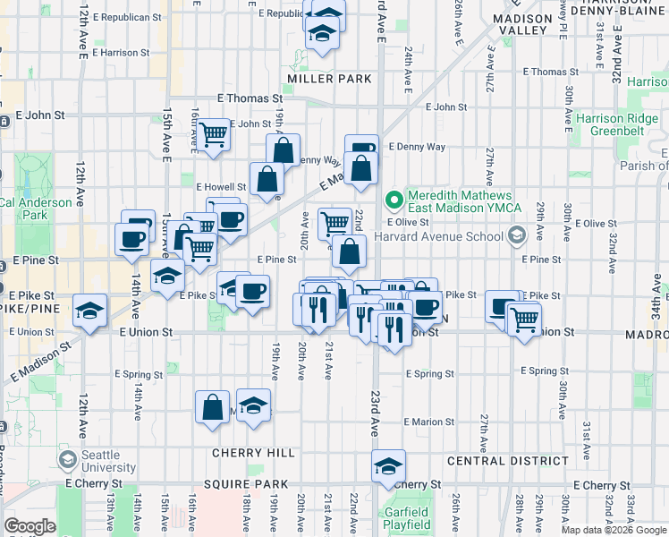 map of restaurants, bars, coffee shops, grocery stores, and more near 1470 21st Avenue in Seattle