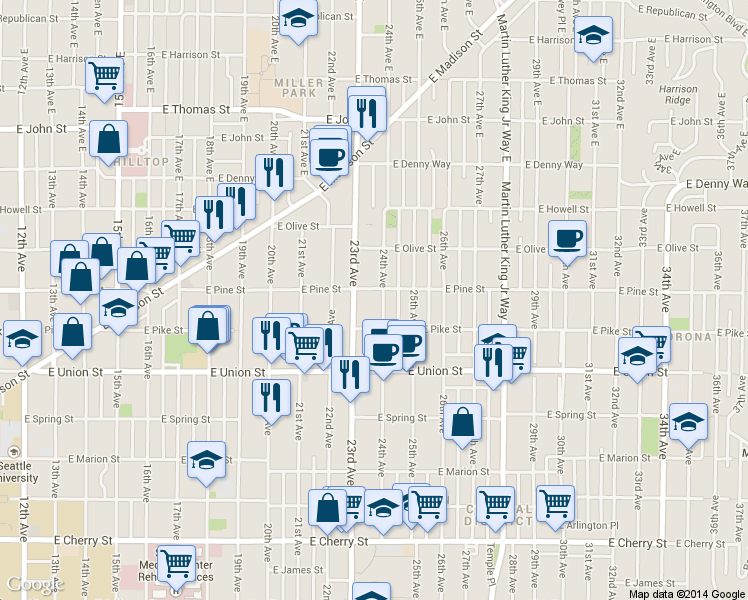 map of restaurants, bars, coffee shops, grocery stores, and more near 1508 23rd Avenue in Seattle