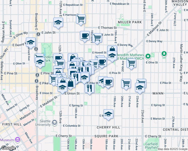map of restaurants, bars, coffee shops, grocery stores, and more near 1509 East Madison Street in Seattle