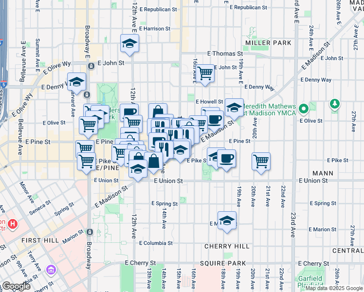 map of restaurants, bars, coffee shops, grocery stores, and more near 1420 East Madison Street in Seattle