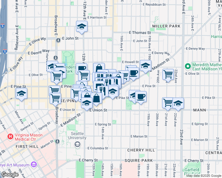 map of restaurants, bars, coffee shops, grocery stores, and more near 1420 East Madison Street in Seattle