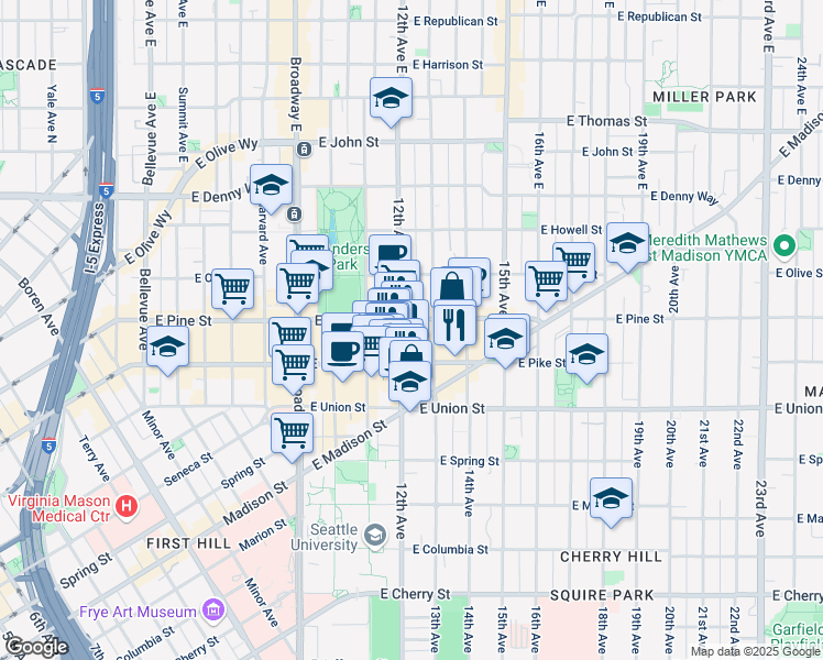 map of restaurants, bars, coffee shops, grocery stores, and more near 1214 East Pike Street in Seattle