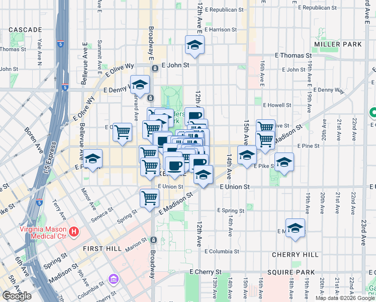 map of restaurants, bars, coffee shops, grocery stores, and more near 1510 11th Avenue in Seattle