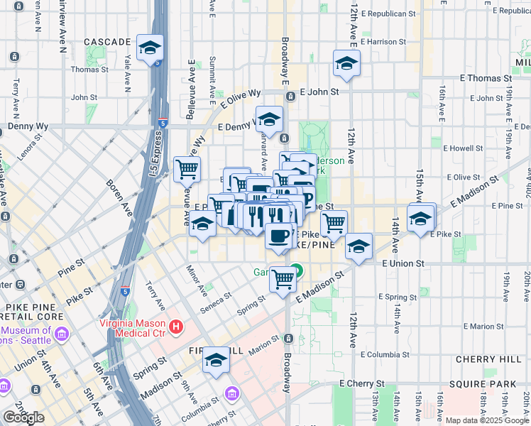 map of restaurants, bars, coffee shops, grocery stores, and more near in Seattle