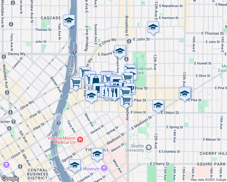 map of restaurants, bars, coffee shops, grocery stores, and more near 1511 Boylston Avenue in Seattle