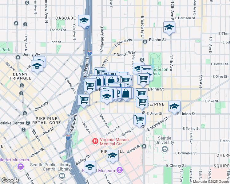 map of restaurants, bars, coffee shops, grocery stores, and more near in Seattle
