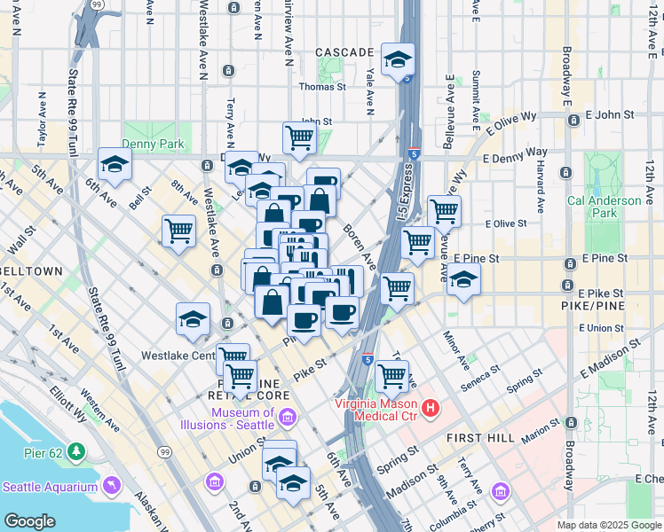 map of restaurants, bars, coffee shops, grocery stores, and more near 809 Olive Way in Seattle