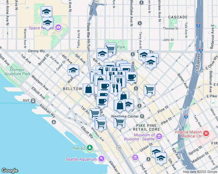 map of restaurants, bars, coffee shops, grocery stores, and more near 2115 5th Avenue in Seattle