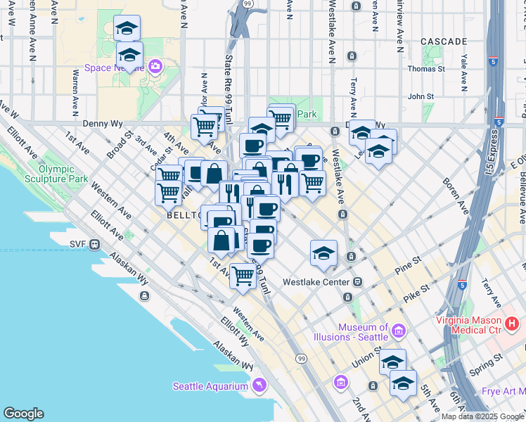 map of restaurants, bars, coffee shops, grocery stores, and more near 318 Blanchard Street in Seattle