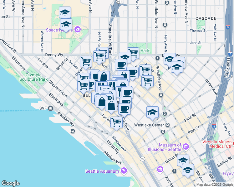 map of restaurants, bars, coffee shops, grocery stores, and more near in Seattle