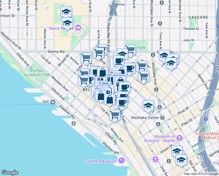 map of restaurants, bars, coffee shops, grocery stores, and more near in Seattle
