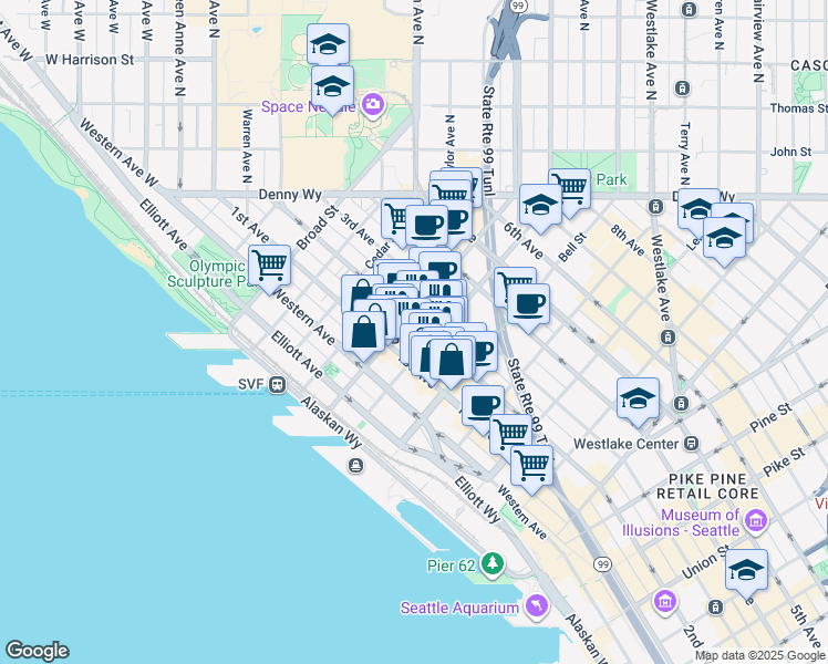 map of restaurants, bars, coffee shops, grocery stores, and more near in Seattle