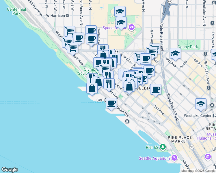 map of restaurants, bars, coffee shops, grocery stores, and more near 2601 Elliott Avenue in Seattle